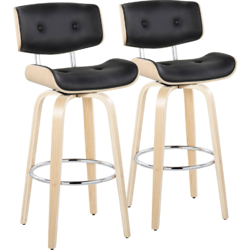 Lombardi 30" Swivel Bar Stool in Natural Wood & Black Leatherette with Chrome Footrest (Set of 2)